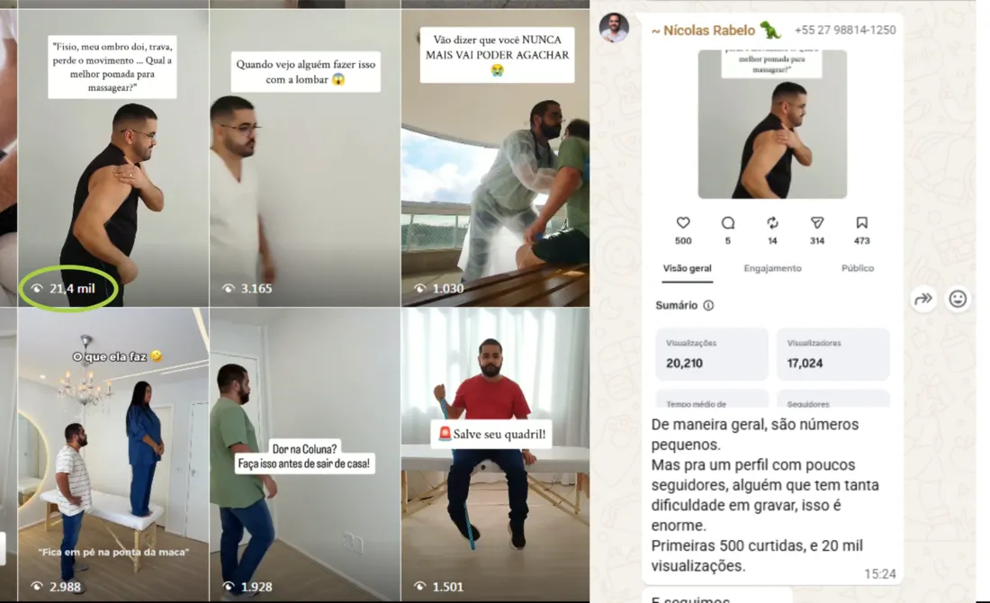 Vídeos do Nicolas Rabelo, um deles com 21,4 mil visualizações, e a mensagem sobre as primeiras 500 curtidas e 20 mil visualizações