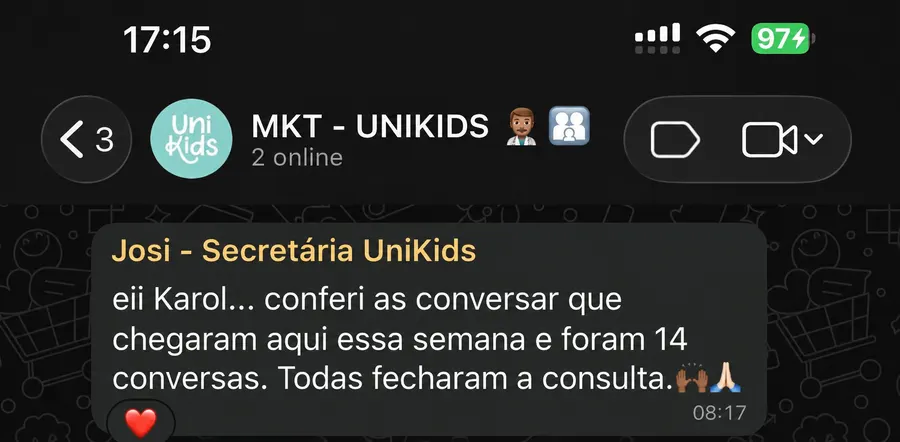 Mensagem da secretária da UniKids: 14 conversas na semana, todas fecharam a consulta